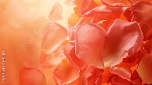 Rose petals forming a heart essence of romance on a soft coral background in a delicate photographic illustration style with generous copyspace
