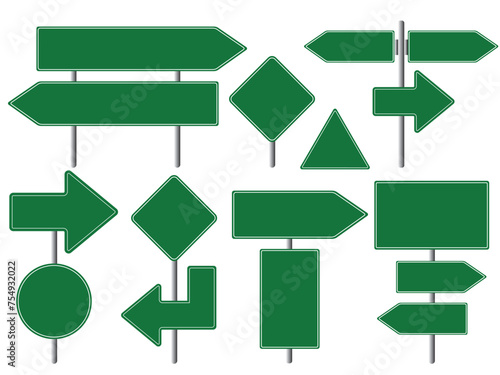 Set of road signs isolated on a white background. Green traffic signs. illustration traffic sign template