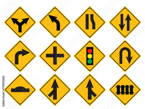 Free Download Traffic Road Sign Collection, street signage, symbol, car, arrow design, direction, safety sign, flat vector illustration - GFXLoad