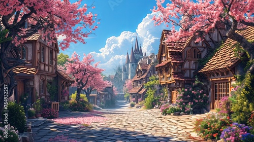 Streetview of a medieval fantasy village with blossoming cherry trees and blue sky. Spring time. photo