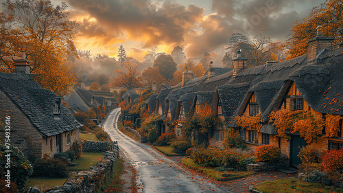Quaint village street with traditional thatched cottages and autumn foliage at sunset. photo