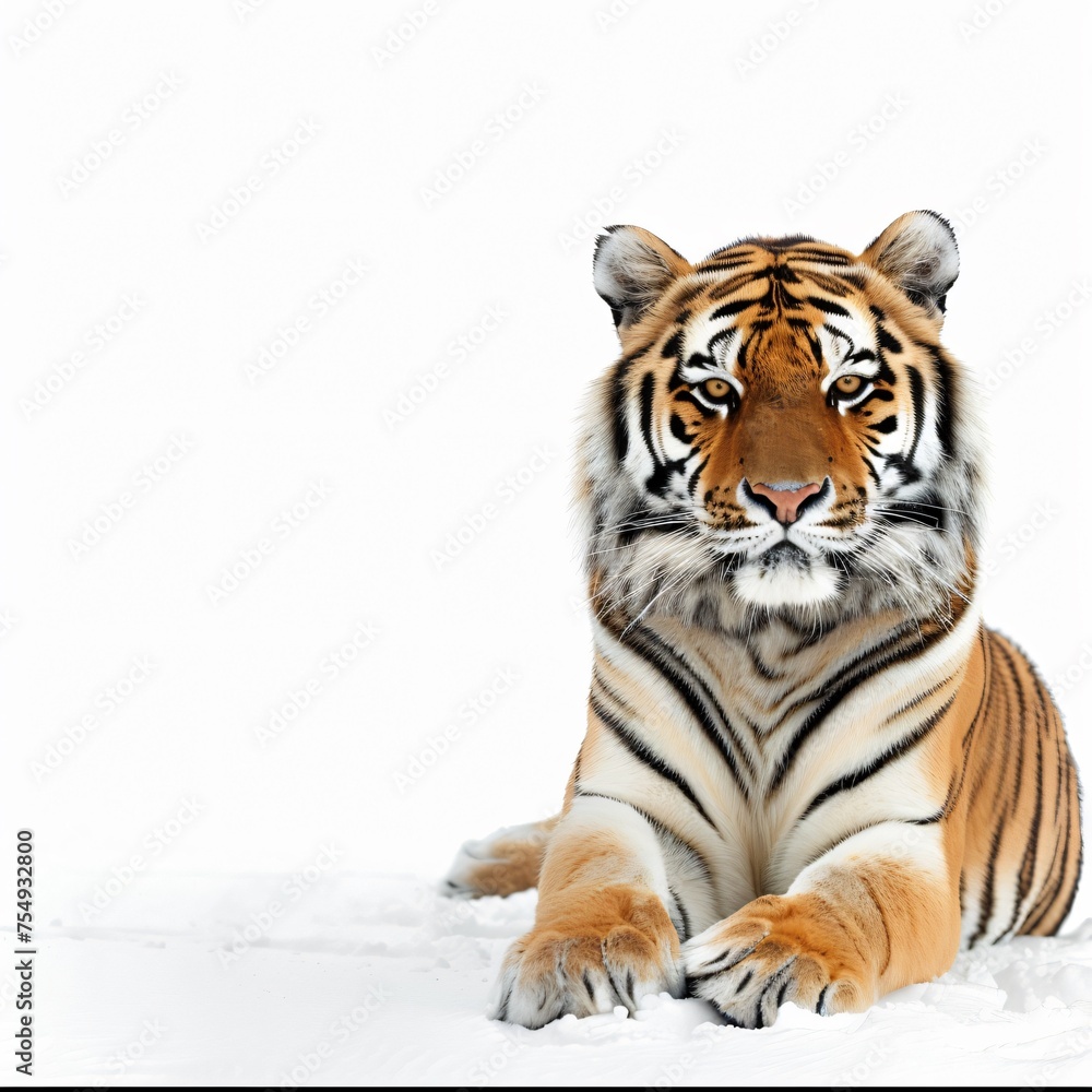 Fototapeta premium Siberian tiger lounging on a crisp white background its gaze piercing surrounded by expansive copyspace