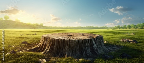 A majestic tree stump stands in the center of a lush grassland  surrounded by a vast natural landscape. The sky is clear with fluffy clouds  creating a picturesque scene of beauty and art