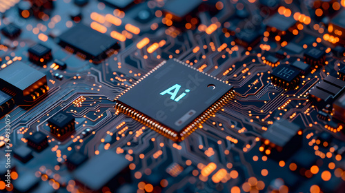 An orange circuit board with a black chip that says AI on it.
