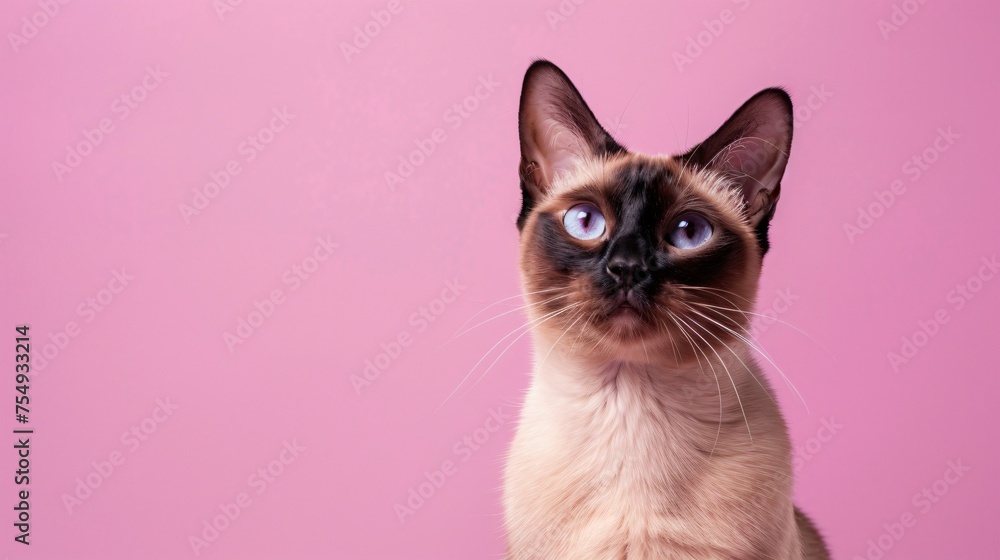 Tonkinese with a mischievous grin on a playful lilac background a perfect mix of fun and affection with generous copyspace