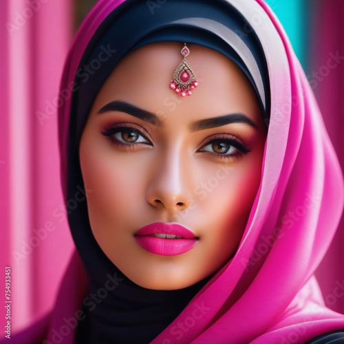 Beautiful Pink Hijab Close-up Portrait Of A Woman With Pink Background