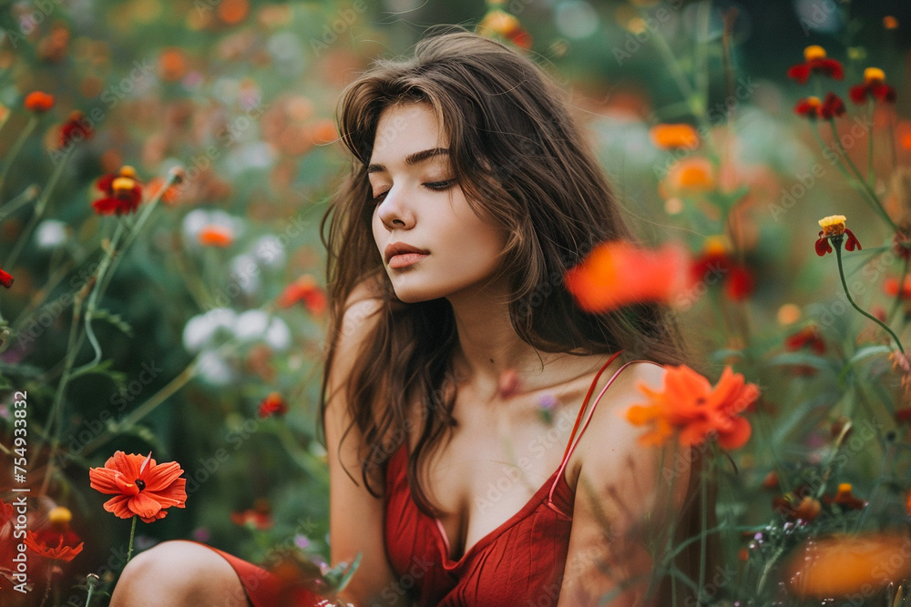 Naklejka premium Portrait of a young female in a field of flowers