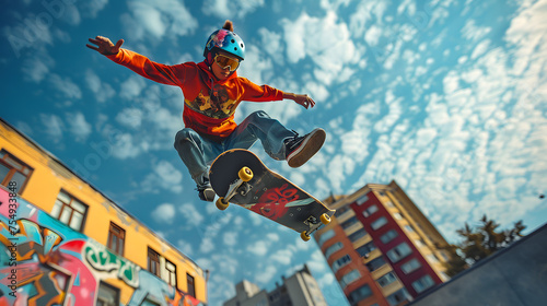 A young boy is happily freestyle walking on his skateboard in the sky, performing street stunts as a stunt performer. Its a fun and artistic leisure activity