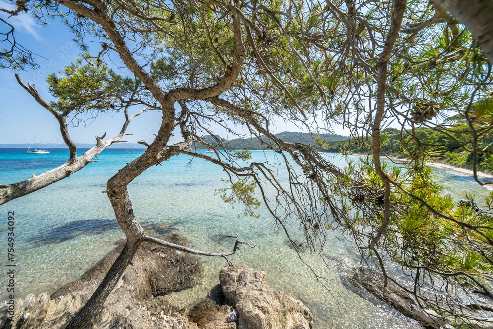 Beautiful Notre Dame beach (Plage Notre-Dame) on Porquerolles island (l'île de Porquerolles), France Beautiful Notre Dame beach (Plage Notre-Dame) on Porquerolles island (l'île de Porquerolles), France