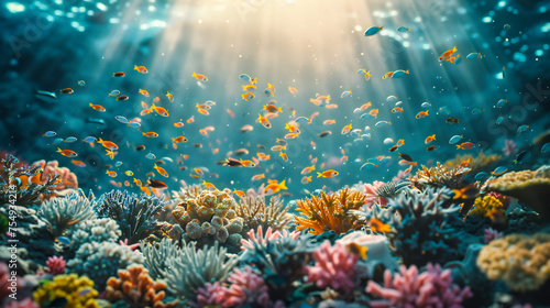 Oceanic Wonders: A Vibrant Underwater Scene with Coral Reefs and Tropical Fish, Showcasing Marine Diversity photo