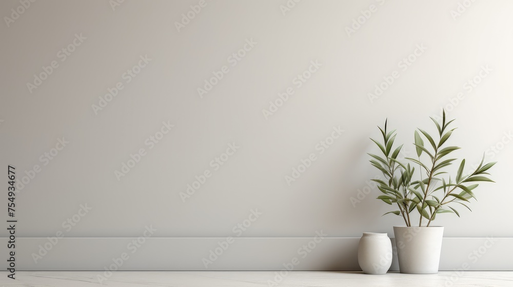Contemporary Living: Minimalist Grey Interior with Stylish Greenery. Suitable for your projects and copyspace writing.