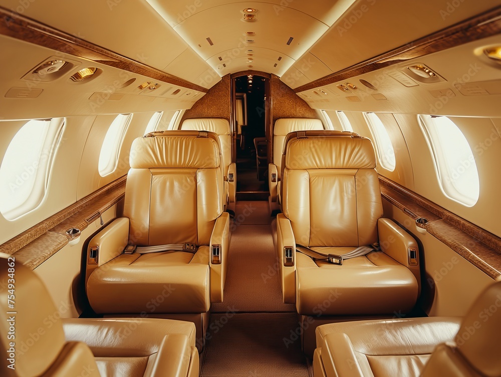 Explore unparalleled comfort within this luxury jet's cabin, featuring plush leather seats and exquisite wood finishes.