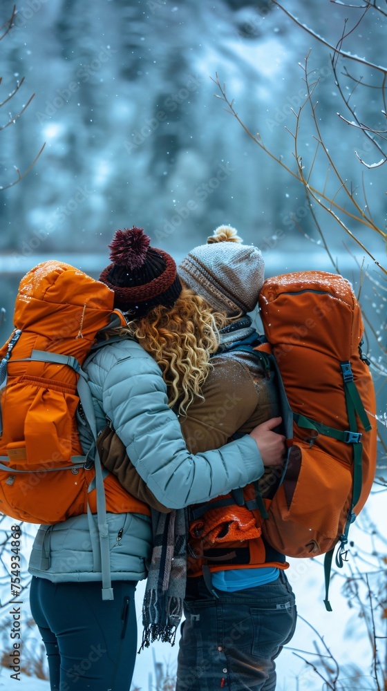 Women embracing at the end of a scenic hike a bond strengthened by adventure and mutual support Women embracing at the end of a scenic hike a bond strengthened by adventure and mutual support