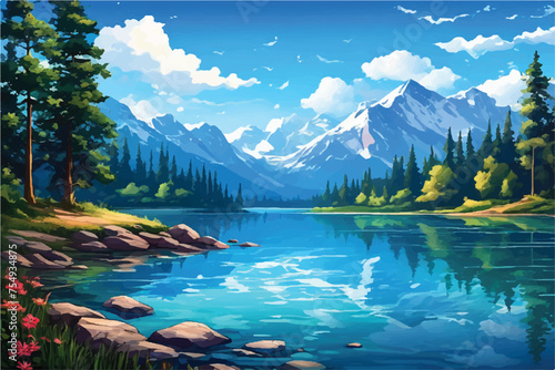 Picture of a mountain lake with a mountain range in the background and a lake in the foreground with a mountain range in the background. vector illustration. Nature landscape.                          © Usama
