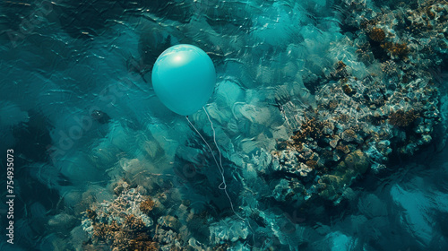 A rich teal balloon blending with the colors of a tropical reef below. © zooriii arts