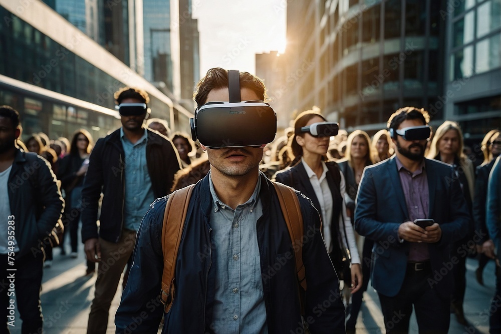 Virtual Digital Playground People, Immersed in VR Goggles Surreal Experience as City Streets  Disconnected from the Physical World.