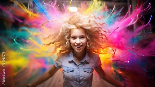 Happy girl surrounded by colorful background creating a bright and warm atmosphere, carnival concept, banner