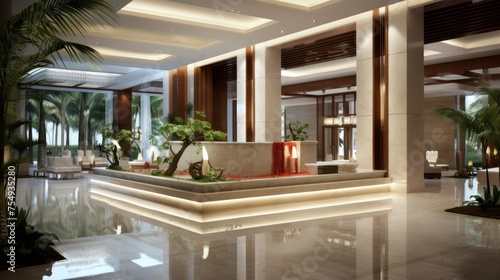Sophisticated modern hotel lobby interior featuring elegant marble design and contemporary style concept, banner © Anzhela