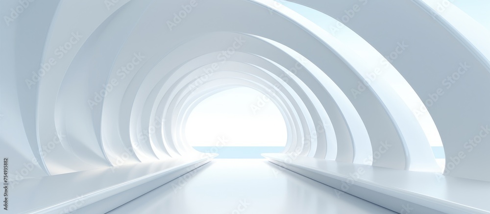 Naklejka premium A white tunnel with, white walls, and a white floor creates a seamless and minimalist architectural space. The clean lines and monochromatic color scheme give a sense of continuity and simplicity.
