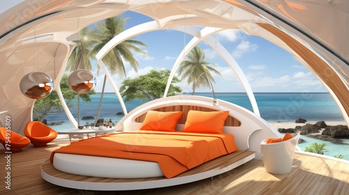Stylish hotel bedroom with tranquil ocean view, modern interior design, vacation concept, banner