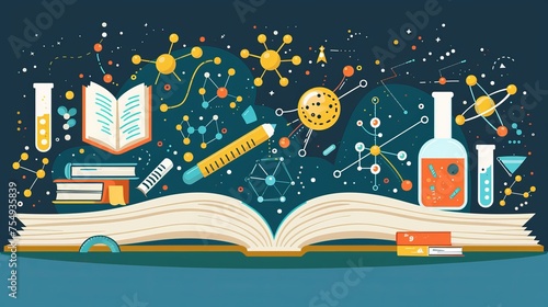 The illustration portrays open books surrounded by icons of science, representing the concept of modern education. This image is saved in AI10 EPS version and contains transparency photo