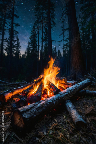 Burning campfire on a dark night in a forest. ai generated