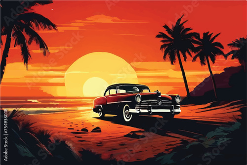 Vintage Classic car at Beach with Beautiful Sunset view. vintage classic car. Illustration. Retro car rides among the palm trees against the backdrop of the sunset at the beach. classic Vintage car.  © Usama