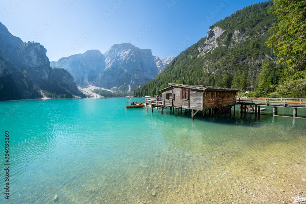 Naklejka premium Turquoise lake Braies in the heart of the Dolomites, Italy