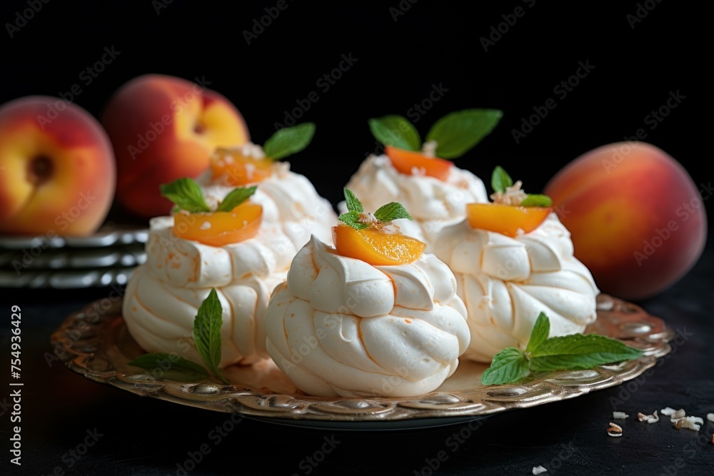 Tangy Peach meringue fruits. Cream summer dessert sugar sweet. Generate Ai Tangy Peach meringue fruits. Cream summer dessert sugar sweet. Generate Ai