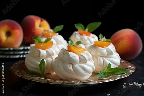 Tangy Peach meringue fruits. Cream summer dessert sugar sweet. Generate Ai