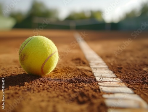 Close-up of a tennis ball on the clay court, capturing the essence of the game. © cherezoff