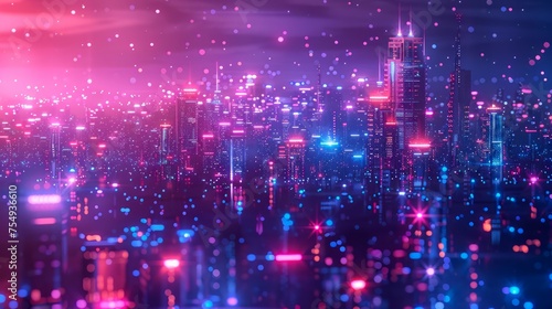 Vibrant Futuristic Cityscape with Neon Lights and Digital Elements in a Conceptual Technology Background