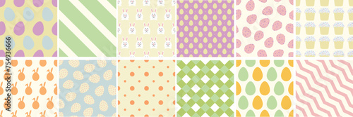 Collection of colorful Easter seamless delicate patterns. Holiday repeatable cute backgrounds. Vector drawing prints