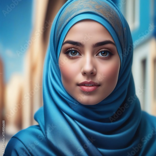 Beautiful Blue Hijab Close Up Portrait Of A Woman With Blue Background