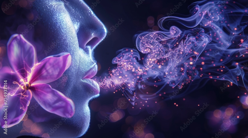 Fresh breath concept, transparent head with flowers and exhaled air. Fresh breath concept, transparent head with flowers and exhaled air.