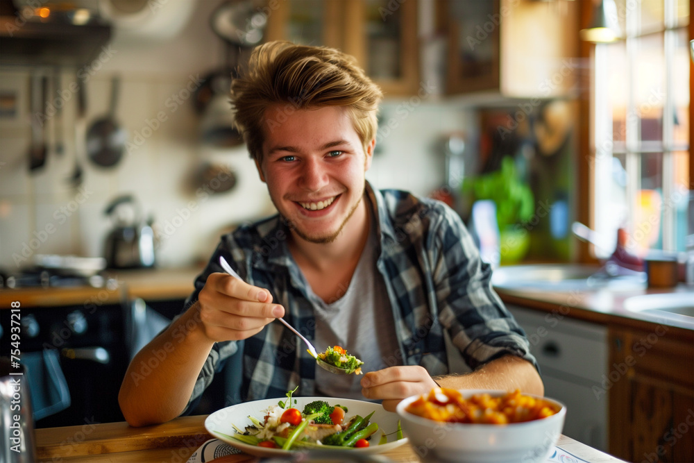 Happy smiling young man eating a food in a rustic style dinner
