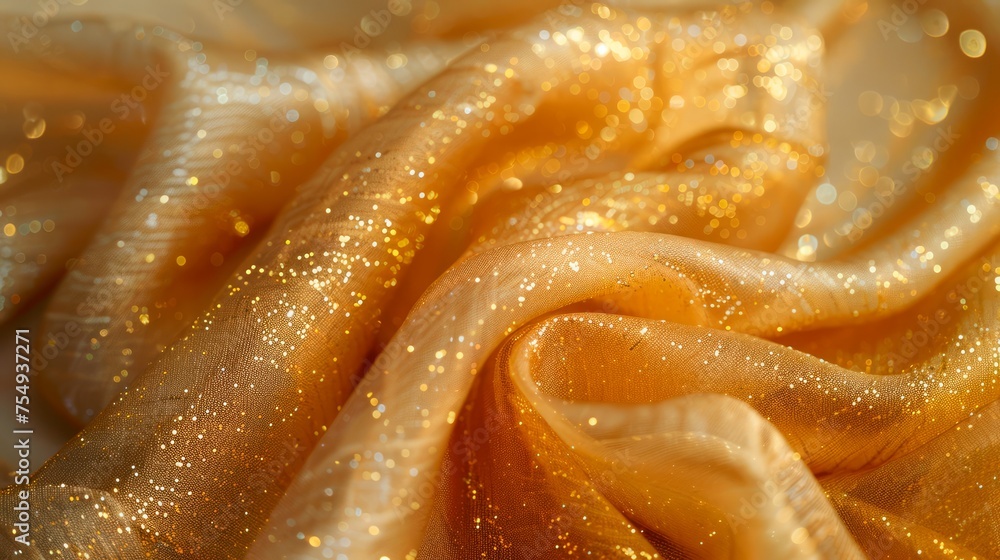 Close-Up of Luxurious Golden Silk Fabric Texture with Soft Folds and Elegant Drapery Close-Up of Luxurious Golden Silk Fabric Texture with Soft Folds and Elegant Drapery