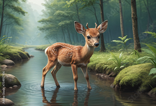 Deer drinking water from the stream