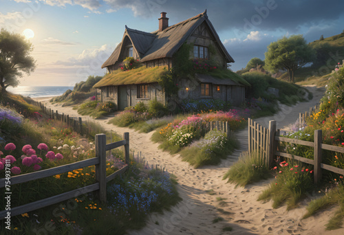 A wooden house by the sea with a flower garden photo