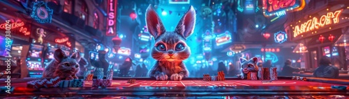 Generated Cyberpunk Casino with Anthropomorphic Animals Playing Poker, Neon Lights Ambienceimage