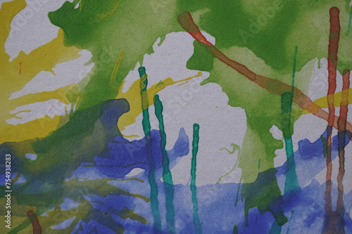 Abstract blue yellow green white  watercolor splash on background.