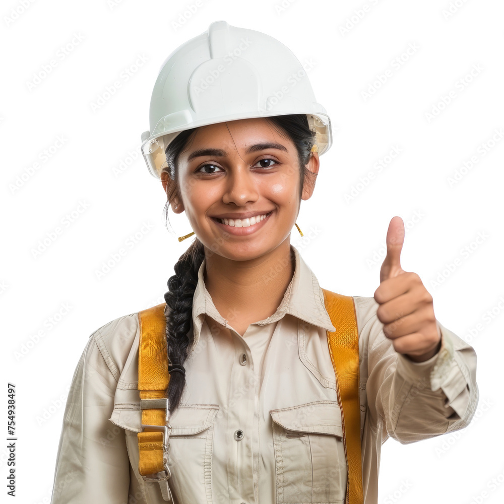 Pretty indian female engineer with thumb up isolated on transparent background Pretty indian female engineer with thumb up isolated on transparent background