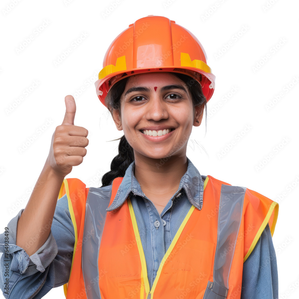 Smiling indian engineer woman with thumb up isolated on transparent background Smiling indian engineer woman with thumb up isolated on transparent background