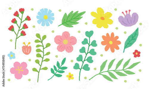 Fototapeta Naklejka Na Ścianę i Meble -  A set of drawing illustrations with a colorful spring season concept, including flowers, nature, gardens, cherry blossoms, daisies, plants, and leaves.