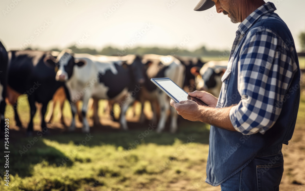 A man is looking at a tablet while standing in a field with cows