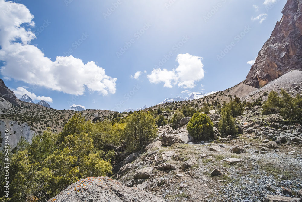 Mountain landscape of the Fan Mountains with rocks, stones and vegetation in Tajikistan, mountain panorama