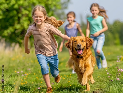 Children laughing and running with a happy Golden Retriever in a sunlit park, embodying the joy and freedom of outdoor play.