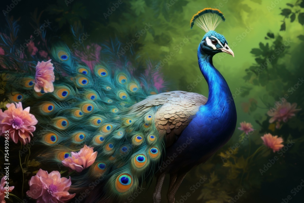 Fototapeta premium Ornamental Peacock bird art beauty. Nature tropical. Generate Ai