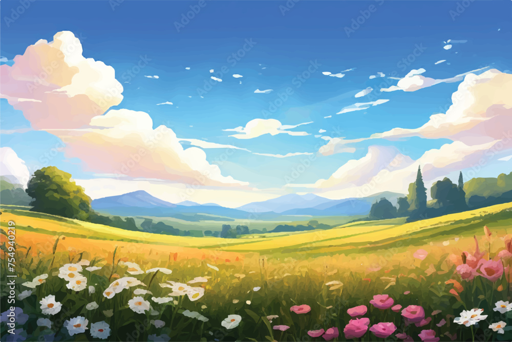 Colorful Flower Field with a Blue Sky. Beautiful field landscape with colorful Flowers and blue sky. Spring flowers and a grassy meadow. vector illustration.                                     