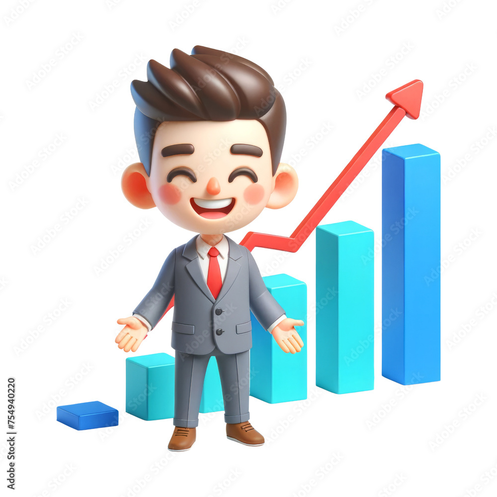 3d cute businessman with bar graph and arrow rising, 3d clipart, 3d character. 3d cute businessman with bar graph and arrow rising, 3d clipart, 3d character.
